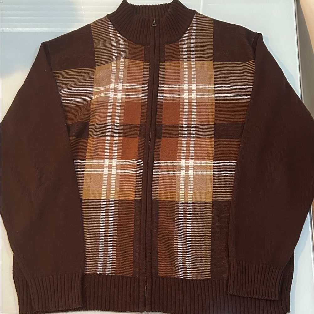 Vintage ? Men's Brown Plaid zippered Sweater cardigan Peletti
